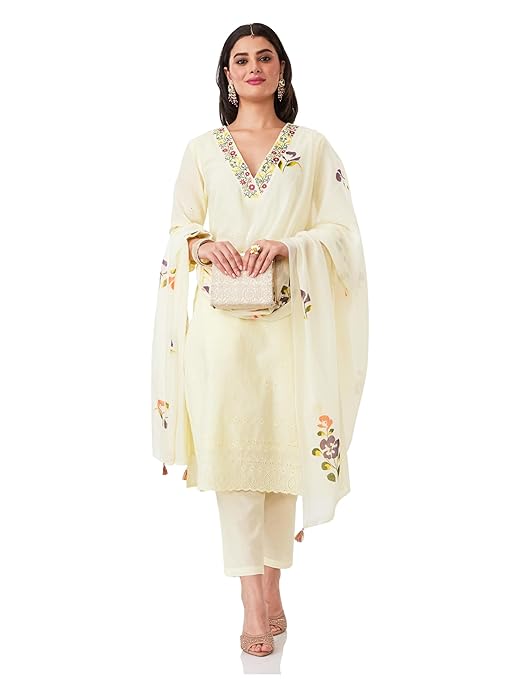 Amazon Brand - Myx Women Embroidered Cotton Kurta Pant Set with Dupatta (Available in Plus Sizes)